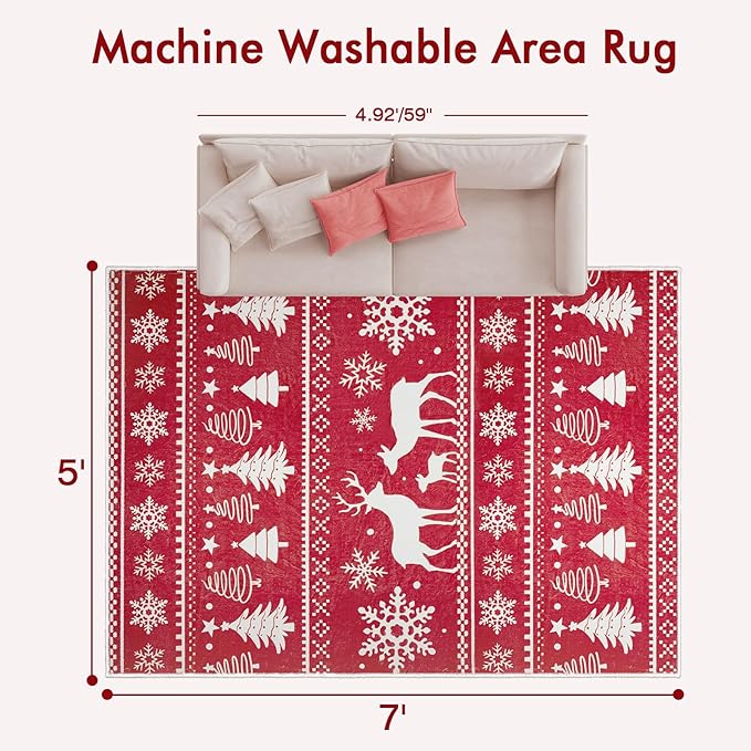 5x7 Machine Washable Christmas Area Rug, Non-Slip Floor Rugs for Kids, Low Pile Room Carpet for Living Room, Bedroom, Dining Room & Nursery(5x7 Elk)