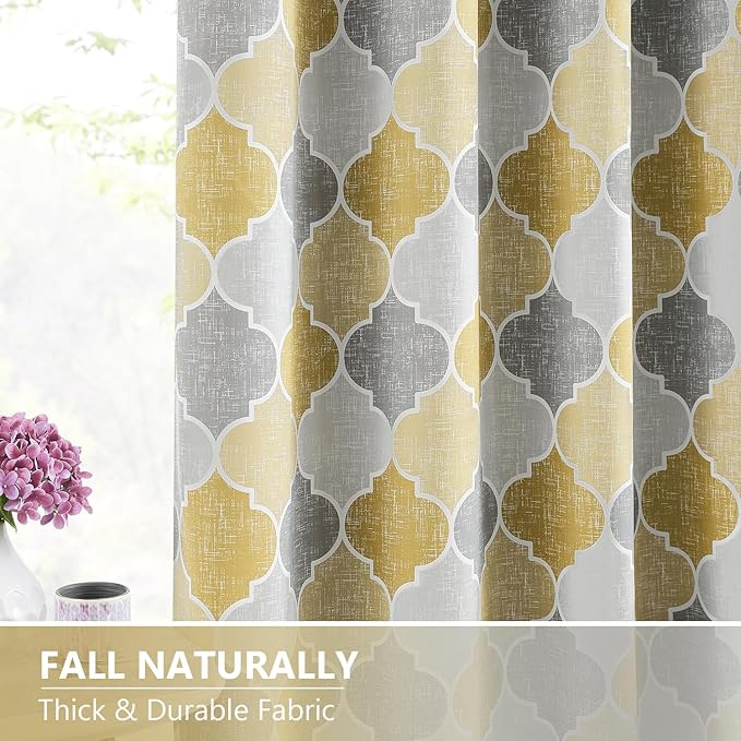Christmas Full Blackout Curtains 63 Inches Long 2 Panels Gray Yellow Moroccan Lattice Geo Room Darkening Thermal Insulated Grommet Top Window Treatments Drapes for Living Room, 52" W