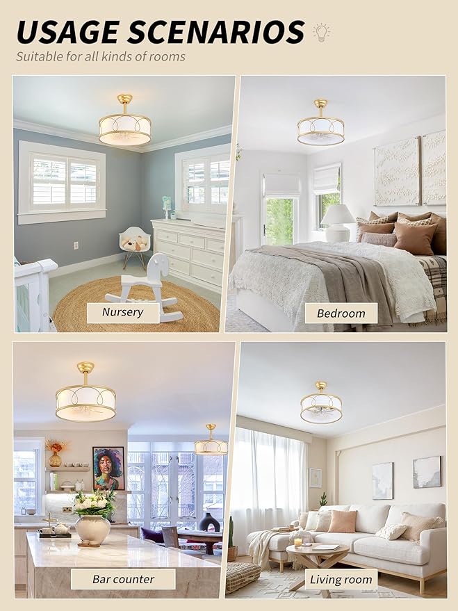 20" Gold Fandelier Ceiling Fan with Light, Fabric Boho Chandelier Ceiling Fans with Lights Remote Control, Mid-Century Modern Caged with 6 Speeds for Bedroom, Nursery (FS-BG01)