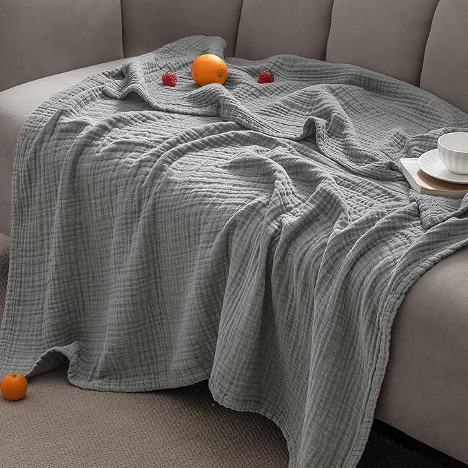 PHF 100% Cotton Muslin Blanket King Size 108"x90", 4-Layer Lightweight Gauze Throw, Breathable Cloud-Soft Minimalist Blanket for Bed, Couch, Camping & Baby, Grey, Ideal Gift