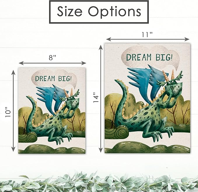 DREAM BIG PRINTABLES Dragon Art Prints (Set of 4) - Unframed - 11x14 | Wall Art for Home, Office, Kids Room, Bedroom, Classroom Decor