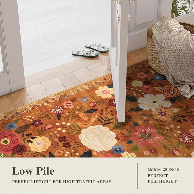 6x9 Washable Area Rug for Living Room, Floral Non-Slip Non-Shedding & Easy Care, Soft Low Pile Vintage Indoor Floor Carpet for Living Room, Bedroom, Farmhouse, Dining Room, Kids Playroom, Orange