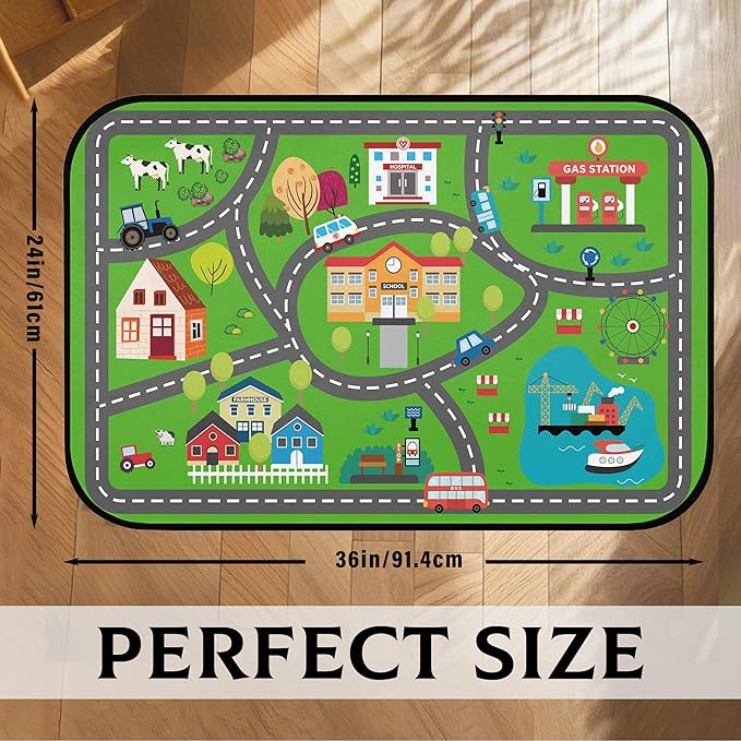 Kids Car Road Play Rug - Town City Map Track Soft Non-Slip 2x3 Carpet Traffic Mat Washable Playroom Bedroom Boys Nursery Educational Area Rug Entrance Mats Playroom Classroom Decor (24"x 36")