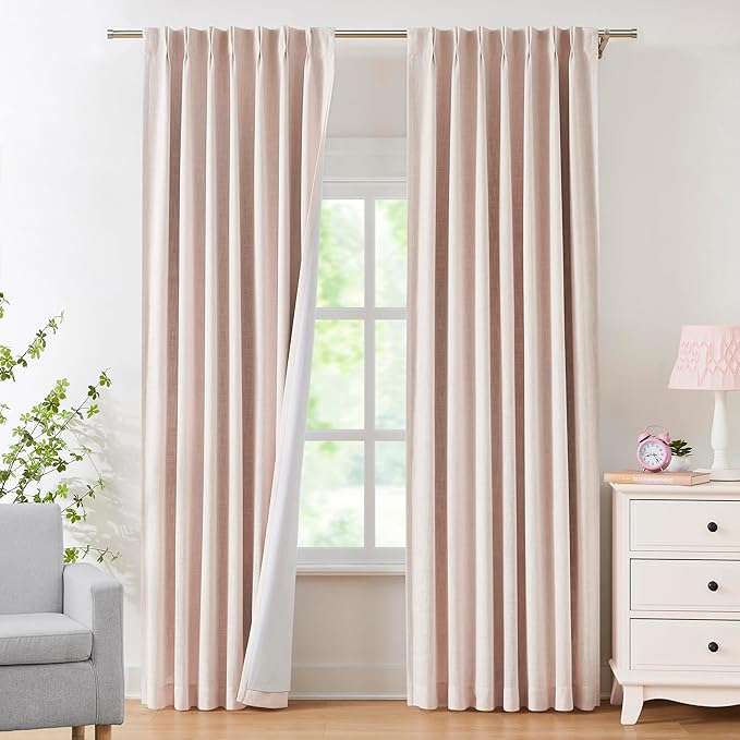 Pinch Pleated Blackout Curtain Panels with Full Blackout Liner Linen Texture Window Treatment Sets with Back Tab for Living Room Bedroom Thermal Insulated Drape with 9 Hooks, 40"x95"x2, Pink