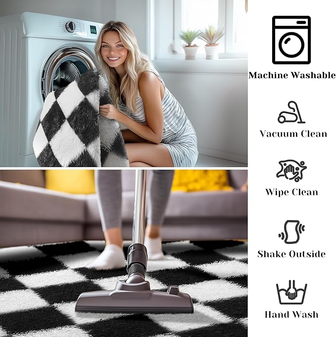 KICMOR Round Rugs 7ft Black and White Circle Area Rug, Fluffy Soft Large Fuzzy Shag Shaggy Bedroom Living Room Carpet, Indoor Checkered Circular Rug for Kids Boys Girls Home Decor Aesthetic, Nursery