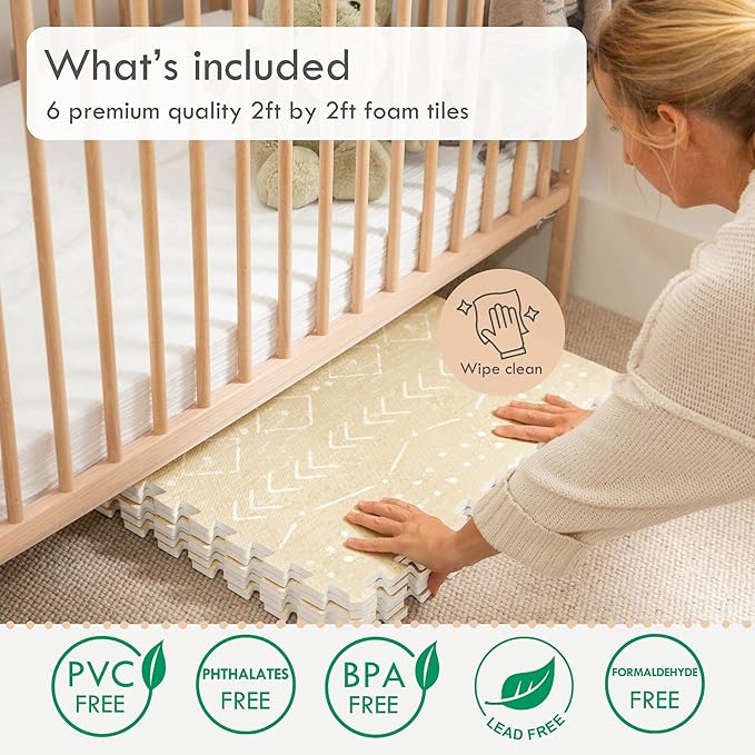 Lillefolk Baby Play Mat for Floor – 4x6ft Beige | Soft Non Toxic Premium EVA Foam Tiles for Tummy Time, Crawling & Playroom – Waterproof Interlocking Floor Mat for Babies & Toddlers (6 Tiles)