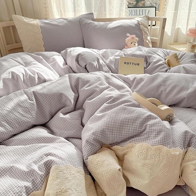 LifeTB Purple Gingham Duvet Cover Full Size Cozy Washed Microfiber Purple Checkered Plaid Duvet Cover with 2 Pillowcases Romantic White Lace Comforter Cover 3 Pieces Gingham Grid Bedding Set