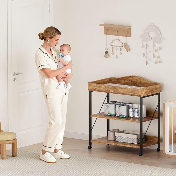 Baby Changing Table, Diaper Changing Station with Pad and Wheels, Two-Tier Open Storage Shelves, Waterproof Diaper pad & Safety Strap,Compact Baby Furniture for Nursery, Rustic Brown