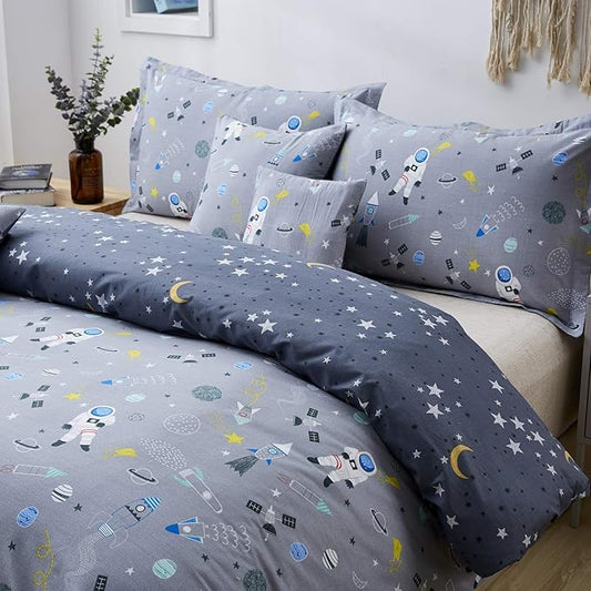 Brandream Boys Space Astronaut Bedding Kids Bedding Sets Queen Size Grey 100% Cotton Duvet Cover Sets Reversible Zipper Closure(No Comforter Included)