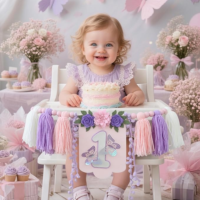 Handmade Butterfly Wildflower 1st Birthday High Chair Banner Purple Pink Floral Theme Party Decoration For Girls Wall Hangings Decorative
