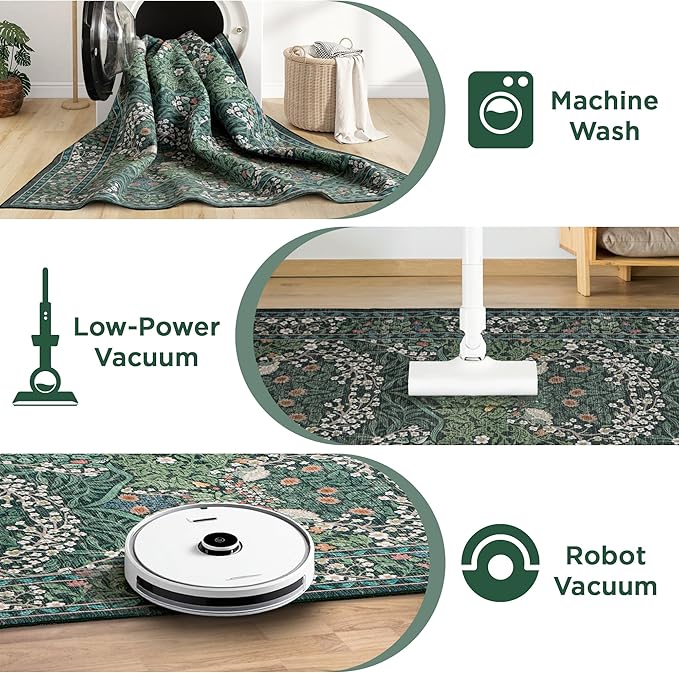 3x5 Washable Dark Green Floral Area Rug for Living Room, Non-Slip Soft Floral Print Vintage Boho Carpet, Forest Green Low Pile Rugs for Bedroom, Dining Room, Indoor Decor