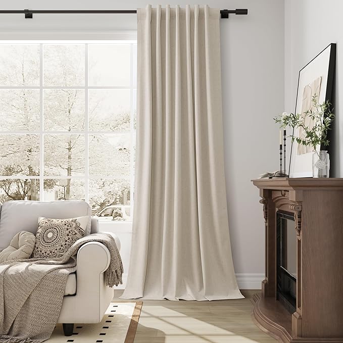 Guken Sand Linen 100% Blackout Curtains for Bedroom 108 Inches Long 2 Panels Set Textured Neutral Hook Belt Light Blocking Insulated Door Curtains for Living Room Dining Room Buff 52x108 9Ft