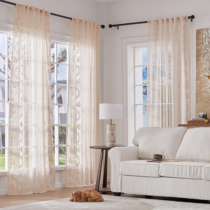 jinchan Belrose Linen Sheer Curtains for Living Room 84 Inch Length Sheer Voile Embroidered Floral Curtains for Bedroom Light Filtering Rod Pocket Window Treatments Farmhouse Decor 2 Panels Beige