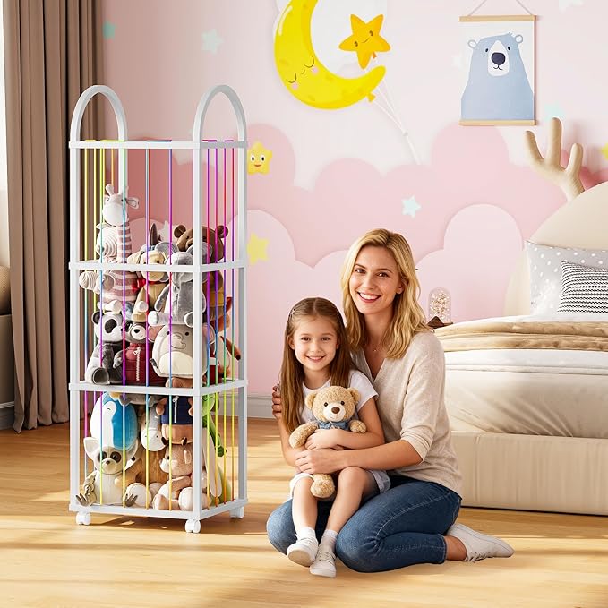 HOOBRO Stuffed Animal Storage & Organizer, Thicken PVC Stuffed Animal Holder with Wheels and Elastic Band, Zoo Plush Toy Storage Organizer for Nursery, Playroom, Living Room, White WT128CW01