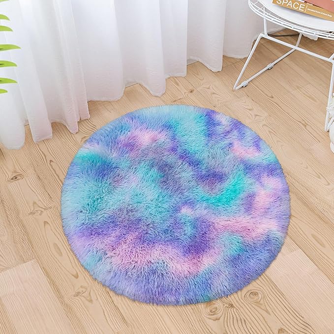 3x3 ft Small Fluffy Purple Rainbow Kids Rug for Girls Bedroom,Tie Dye Colorful Soft Shag Carpet Round Plush Shaggy Circle Area Rug Pink for Girls Room Nursery Baby Playroom Unicorn Home Decor