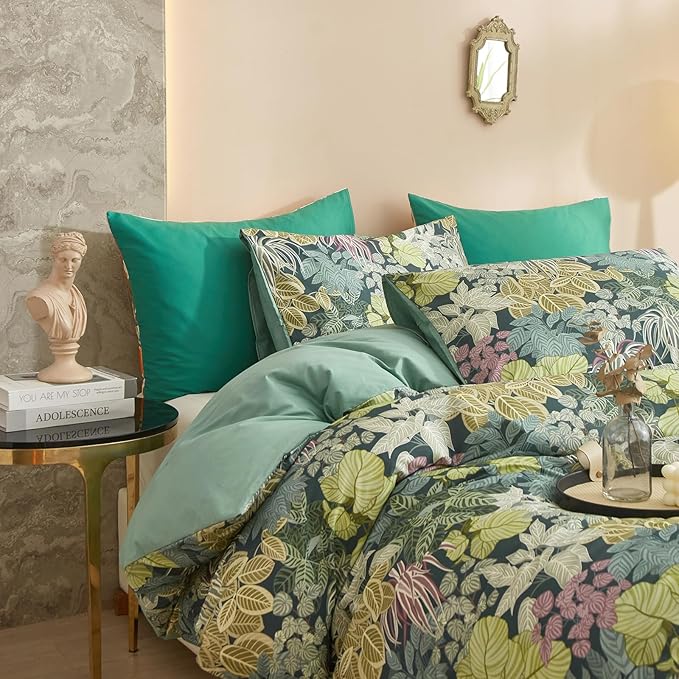 HighBuy Garden Leaves King Duvet Cover Cozy Cotton Vintage Tropical Green Bedding Sets Women Girls Chic Boho Comforter Cover Cottagecore Bedding Comforter Cover with 2 Pillowcases King Bedding