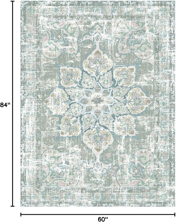 Vhong Washable Area Rugs Boho Vintage Neutral Modern Pale Green 5x7 Non Slip Small Carpet for Living Room Dining Room Bedroom Farmhouse