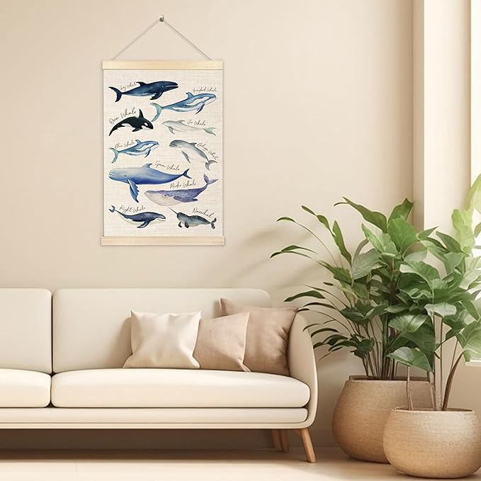 Ecezatik Species of Whales Wall Art with Wooden Poster Hanger, Whale Posters, Beach Room Decor, Ocean Room Decor, Whale Wall Art Decor for for Classroom Nursery Kids Room Playroom, 16x24 Inch