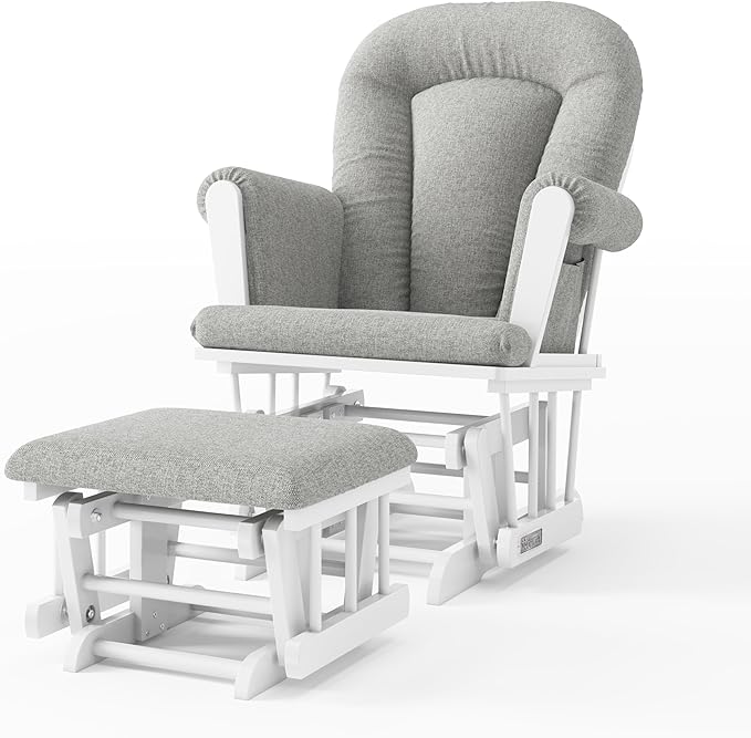 Child Craft Cozy Glider Rocker and Ottoman Set, Padded Cushion with Convenient Storage Pockets, Solid Wood Base & Frame (Matte White with Gray Cushion)