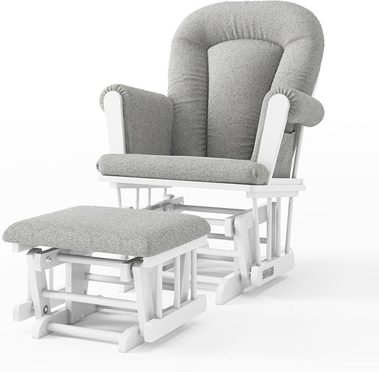 Child Craft Cozy Glider Rocker and Ottoman Set, Padded Cushion with Convenient Storage Pockets, Solid Wood Base & Frame (Matte White with Gray Cushion)