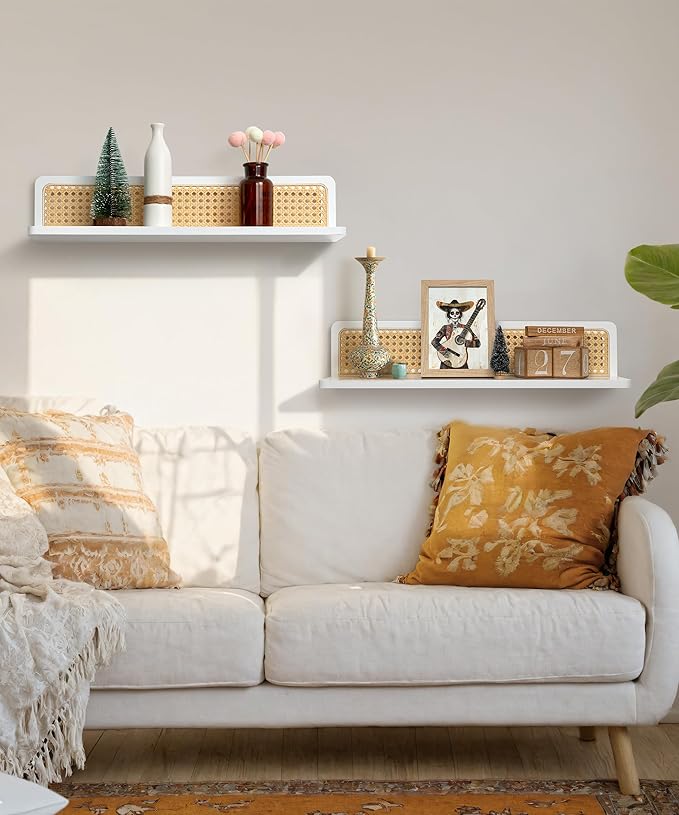 Rattan Wall Shelf 24inch Set of 2, Handmade White Floating Shelves Boho Wall Decor, Rustic Wood Wall Mounted Storage Shelves for Living Room Nursery Bedroom