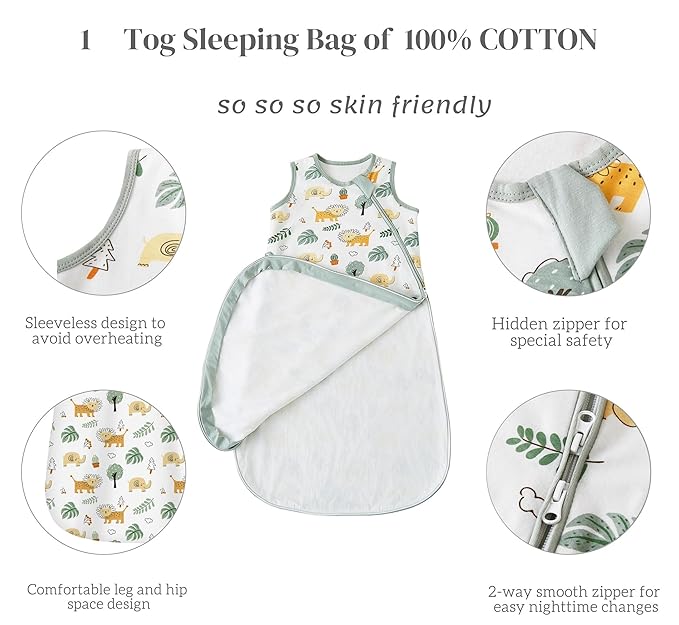 Baby Sleep Sack 0-6 Months 1.0 TOG, 100% Cotton Baby Wearable Blanket with 2-Way Zipper, Infant Toddler Sleeping Sack for Newborn Boys and Girls, Green & Lion