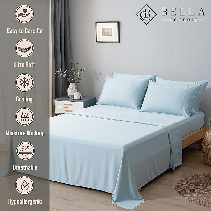 Bella Coterie 6 Piece Luxury Bamboo Viscose King Size Sheet Set | 100% Organically Grown | Cooling for Hot Sleepers | 18" Deep Pocket | Soft & Hypoallergenic | 4 Pillowcases [Coastal Blue]