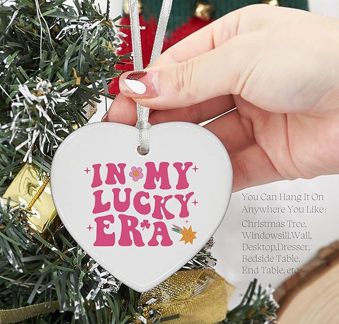 Heart Shaped Christmas Ornament-Lucky Era Keepsake-Shamrock Charm Decor for Women Men-St Patrick's Day Gift-Birthday Celebration Ornament-Ceramic Home Decor in My Lucky Era
