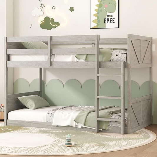 Bunk Bed Twin Over Twin, Wood Low Profile Floor Twin Bunk Beds with Headboard Ladder Guardrails for Kids Boys and Girls, No Box Spring Needed