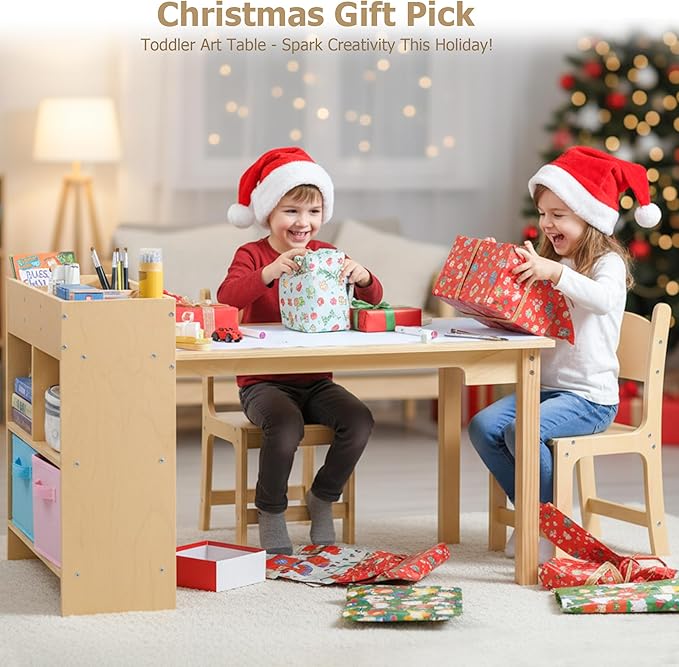 Kids Art Table and 2 Chairs Set, Pine Plywood Toddler Activity Craft Desk with Storage Bins for Drawing, Writing, Reading, Ideal for Nursery, Playrooms & Classroom
