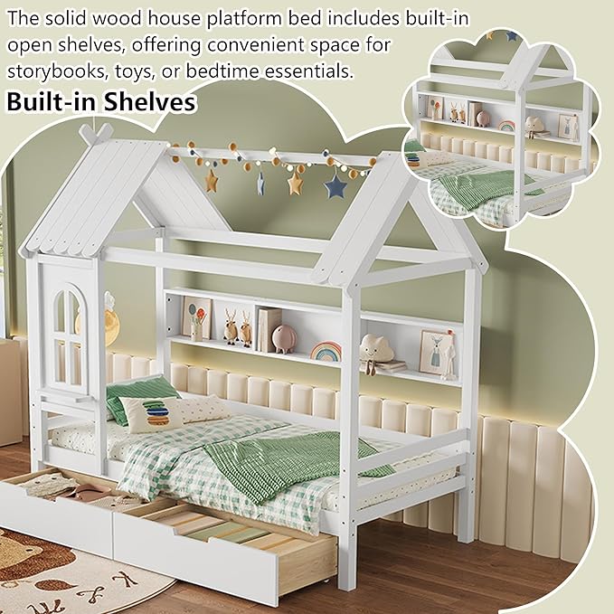 Twin House Bed with Drawers and Window, Solid Wood House Platform Bed with Shelves, Twin Bed Frame with House-shaped Roof for Kids, Boys, Girls, No Box Spring Needed and Childlike Design, White