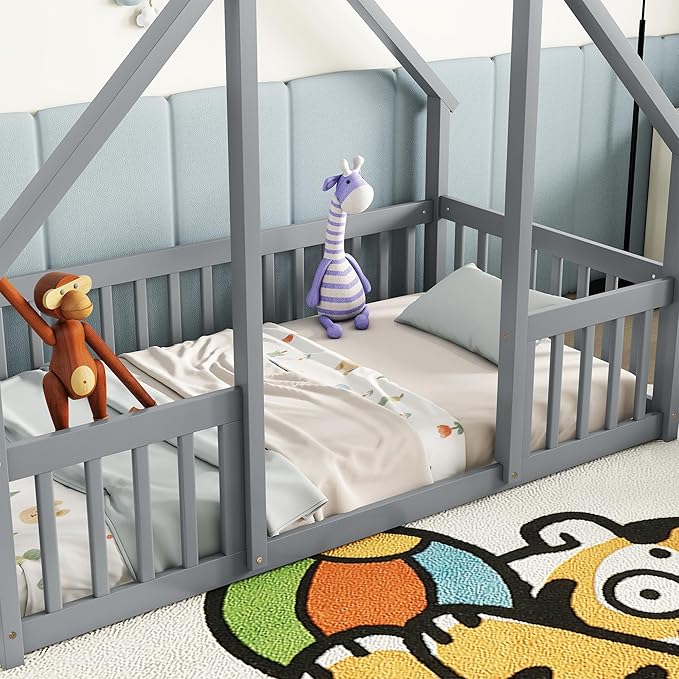 Bellemave Twin Floor Bed for Kids, Girls, Boys, Wood House Bed Frame, House Floor Bed, Twin Size Montessori Floor Bed with Fence, Playhouse, Gray