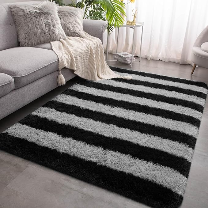 Meralax Area Rugs for Living Room Bedroom, Machine Washable 5x8 Feet Soft Fluffy Shaggy Rug, Grey and Black Stripe Indoor Floor Carpet for Boys, Dorms, Nursery Rooms, Home Decor Aesthetic