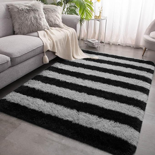 Meralax Black and Grey Striped Area Rug, 4x6 Fluffy Soft Rugs for Living Room Bedroom, Machine Washable Shaggy Carpet Rug for Kids, Dorms, Indoor, Home Decor Aesthetic