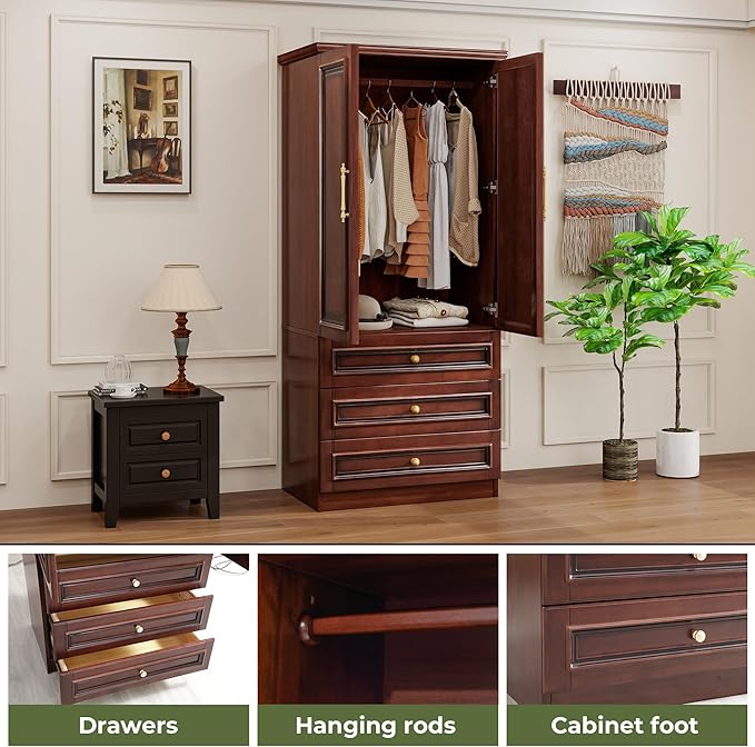 Solid Wood Armoire:Wardrobe Cabinet with Drawers and Hanging Rod,Storage Closet Clothes Organizer for Bedroom Cherry Finish