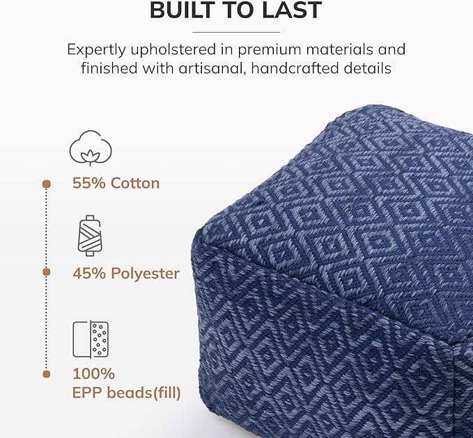 Anji Mountain 100% Handmade & Handcrafted Comfortable Home Décor Pouf Ottoman Footrest for Living Room, Bedroom, Nursery, Kidsroom, Patio Furniture - (22" x 22" x 16" - Blue)