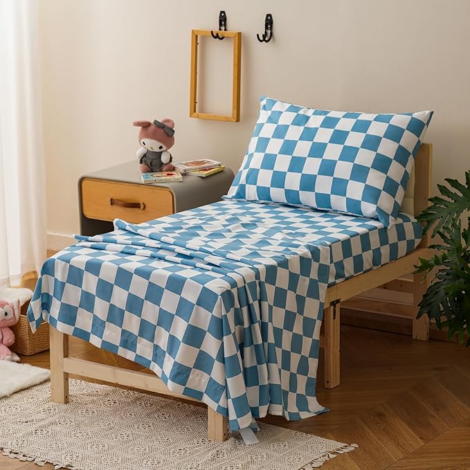 KAREVER Grid Toddler Bedding Set Blue White Checkered 4 Pieces Crib Bed Set Kids Pliad Comforter Set