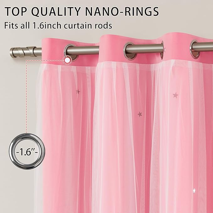 XiDi Pink Curtains with Sheer Overlay for Girls Bedroom 80% Blackout Double Layer Curtains for Nursery Kids Room Star Drapes with Tiebacks Room Darkening Grommet Window Treatment 2 Panels W34 X L63