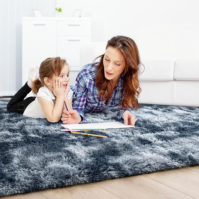 EVOIONOS Area Rug for Bedroom Living Room, Machine Washable 4x6 Fluffy Shag Rug, Soft Plush Non Slip Carpet for Indoor Floor Bedside Nursery Kids Room, Dorm, Home Decor Aesthetic, Tie-Dyed Blue Grey