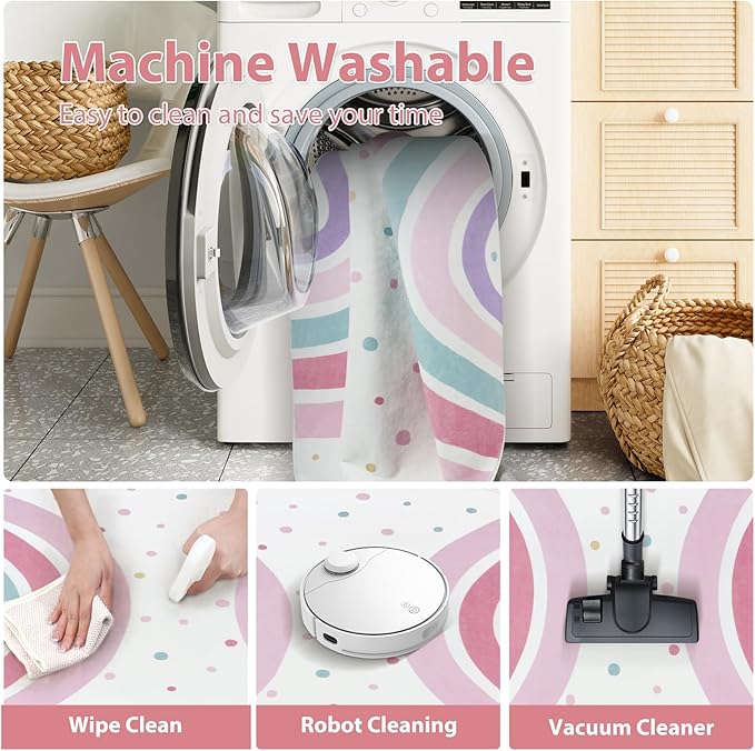 STARUIA Pink Round Rug for Girls, 5 Ft Rainbow Kids Rug for Nursery, Colorful Washable Rugs for Bedroom, Non-Slip Circle Time Rugs Soft Polka Carpet for Kids Room Princess Castle