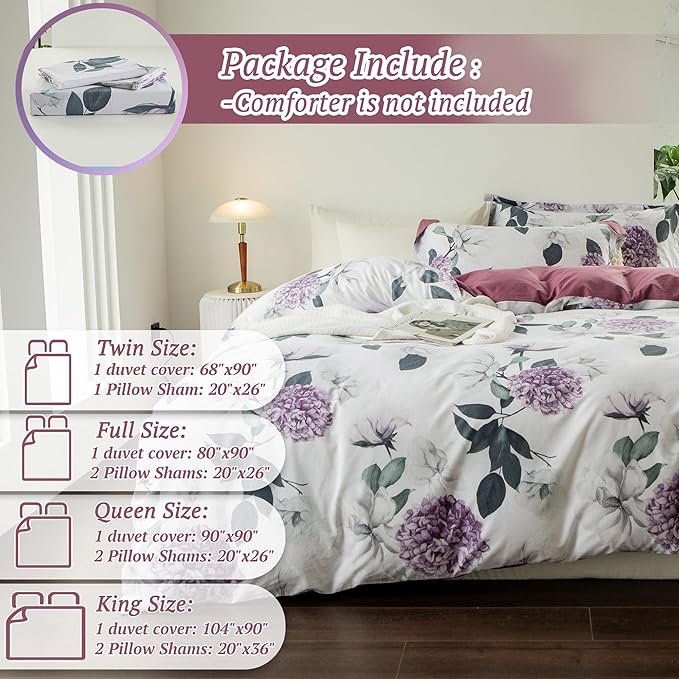 MILDLY 100% Washed Cotton Duvet Cover - Hydrangea Floral Comforter Cover Set Botanical Flower Pattern Bedding Set with Zipper Closure 4 Ties Twin Size