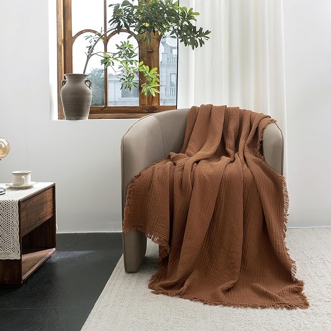 FOSSA Muslin Blanket with Fringe - 4-Layer 100% Cotton Gauze Super Soft & Breathable Throw -Lightweight Decorative Cooling Blanket for Bed, Sofa, Office (Dark Orange, Super King (108" × 98"))