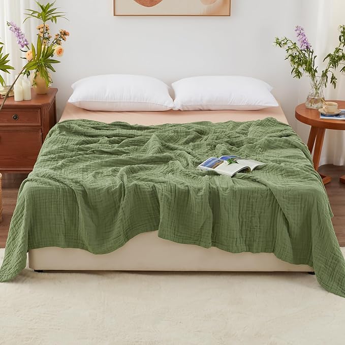 Love's cabin 6 Layer 100% Cotton Muslin Blanket, 90"x90" Muslin Blanket Queen for Couch Bed, Lightweight and Breathable Cotton Gauze for Adult, Sage Green