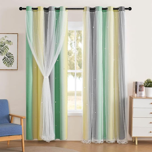 XiDi Yellow Curtains for Girls Bedroom Decor Short Blackout Curtains for Kids Room Rainbow Design for Girls Room Princess Unicorn Wall Decals Room Darkening Grey Green Yellow 34x63 Inches Long