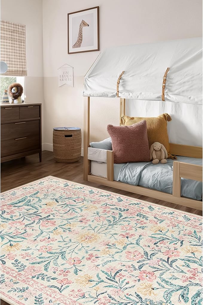 Wonnitar Pink Rugs for Bedroom Girls, 5x7 Washable Rug for Nursery Decor, Boho Soft Floral Carpet Non Slip, Indoor Ultra-Thin Floor Carpet for Baby Kids Room Living Room Dorm