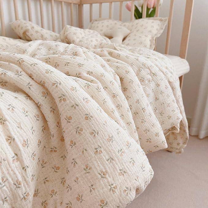 BuLuTu Toddler Bed Quilt with Floral Print Double Layer Muslin Blankets for Children, Ultra Soft Reversible Toddler Kids Quilt Summer Comforter, Sprout Pattern, 60x78 Inches