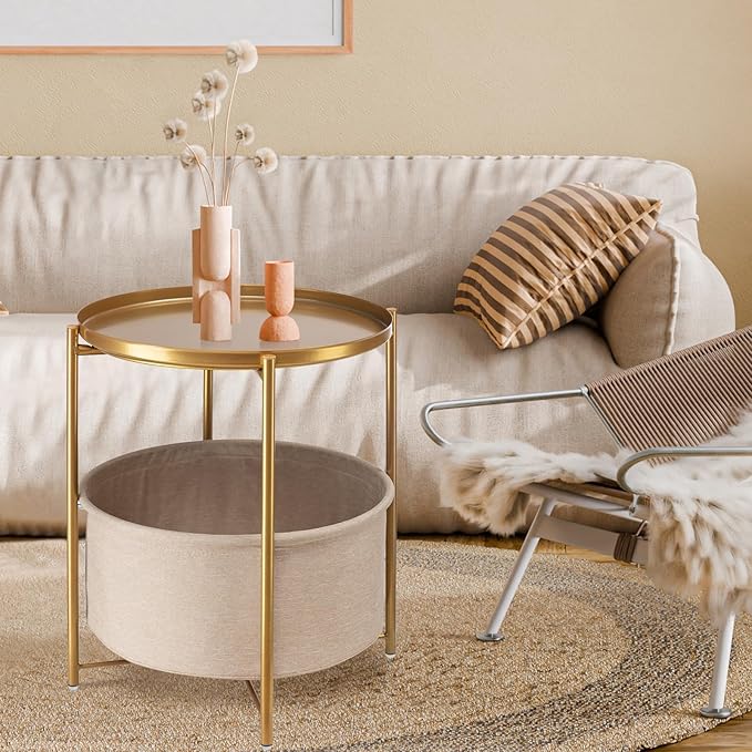 danpinera Round Side Table with Fabric Storage Basket, Metal Side Small Bedside Table Nightstand with Removable Tray Top for Living Room, Bedroom, Nursery, Bathroom, Gold