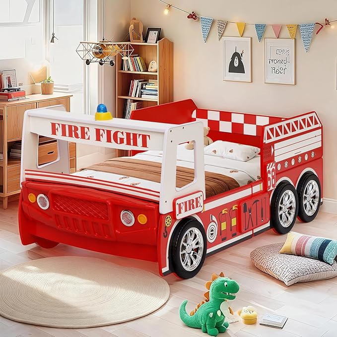 Bed Frames for Kids Fire Truck-Shaped Wooden Platform Bed Frame with LED Lights, Bed Platform with Wood Slat Support, Twin Size Chidren Bed Frame of Car Design,Fits Standard Twin Mattres(Red)