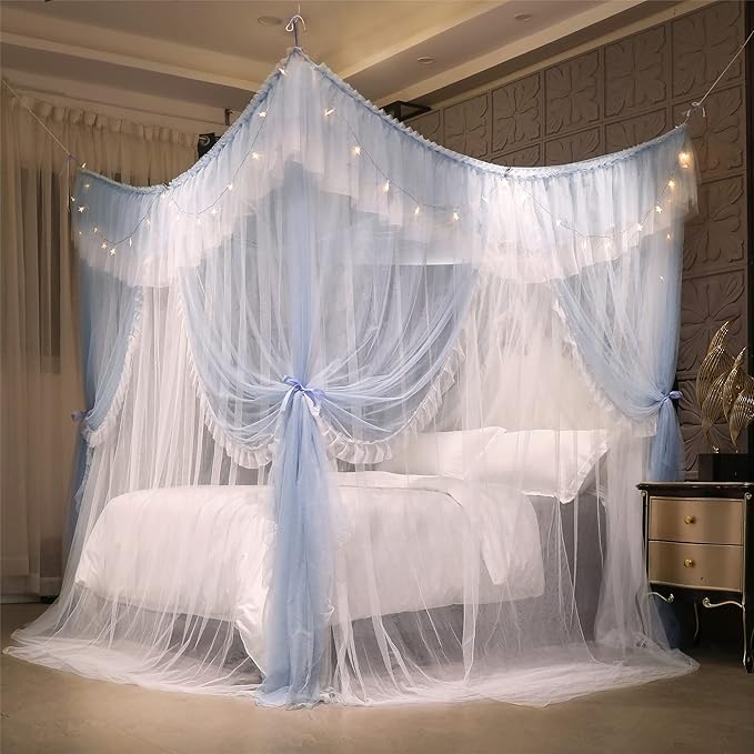 VETHIN 4 Corners Post Ruffle Princess Bed Canopy Curtain-Double Layer Cozy Drape Netting 4 Opening Mosquito Net for Girls Adults Bedroom Decoration (Gray/White,59" W*82" L*82"*H/Queen)