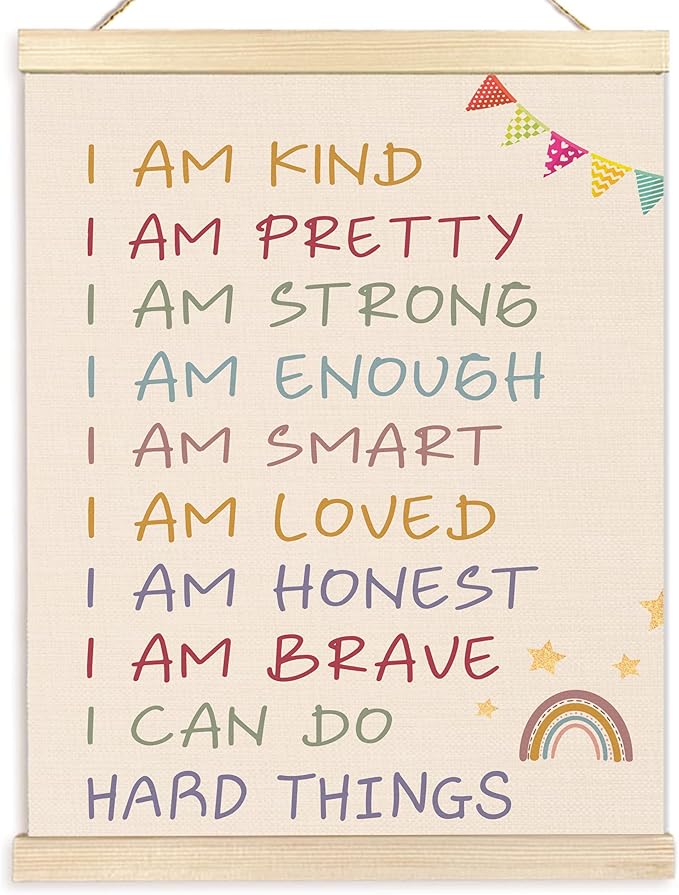 BESERH Positive Affirmations for Kids Wall Art Posters, Boho Rainbow Nursery Decor, I Am Kind Pretty Strong Inspirational Canvas Prints Artwork Framed for Toddler Room Nursery Playroom, 12x16 Inch